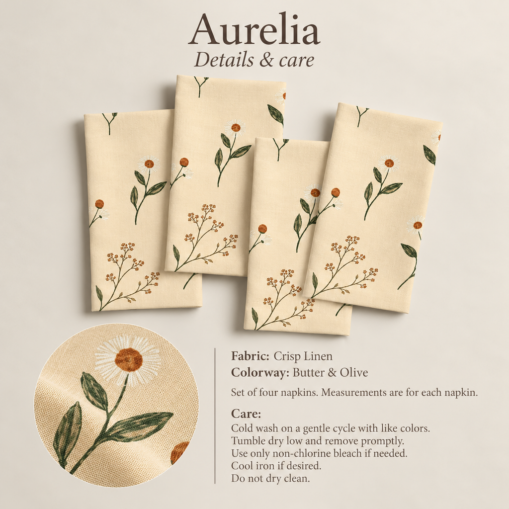 Aurelia Botanical Linen Dinner Napkins — Butter & Olive, Set of 4; verified details and care guide.