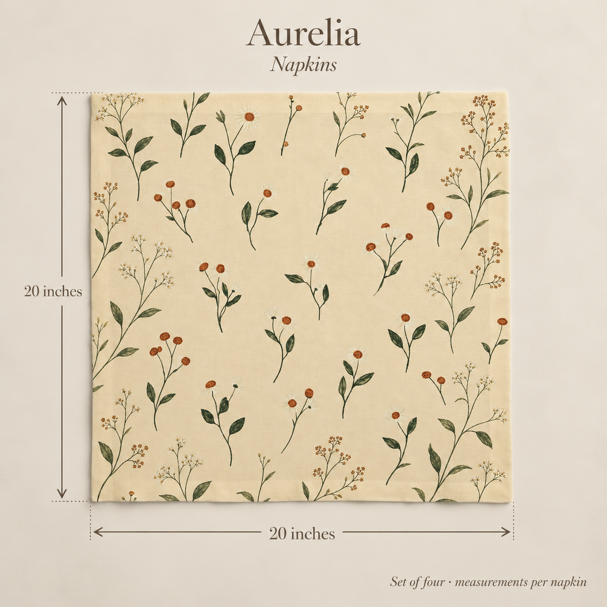 Aurelia Botanical Linen Dinner Napkins — Butter & Olive, Set of 4; dimension diagram and inclusions.