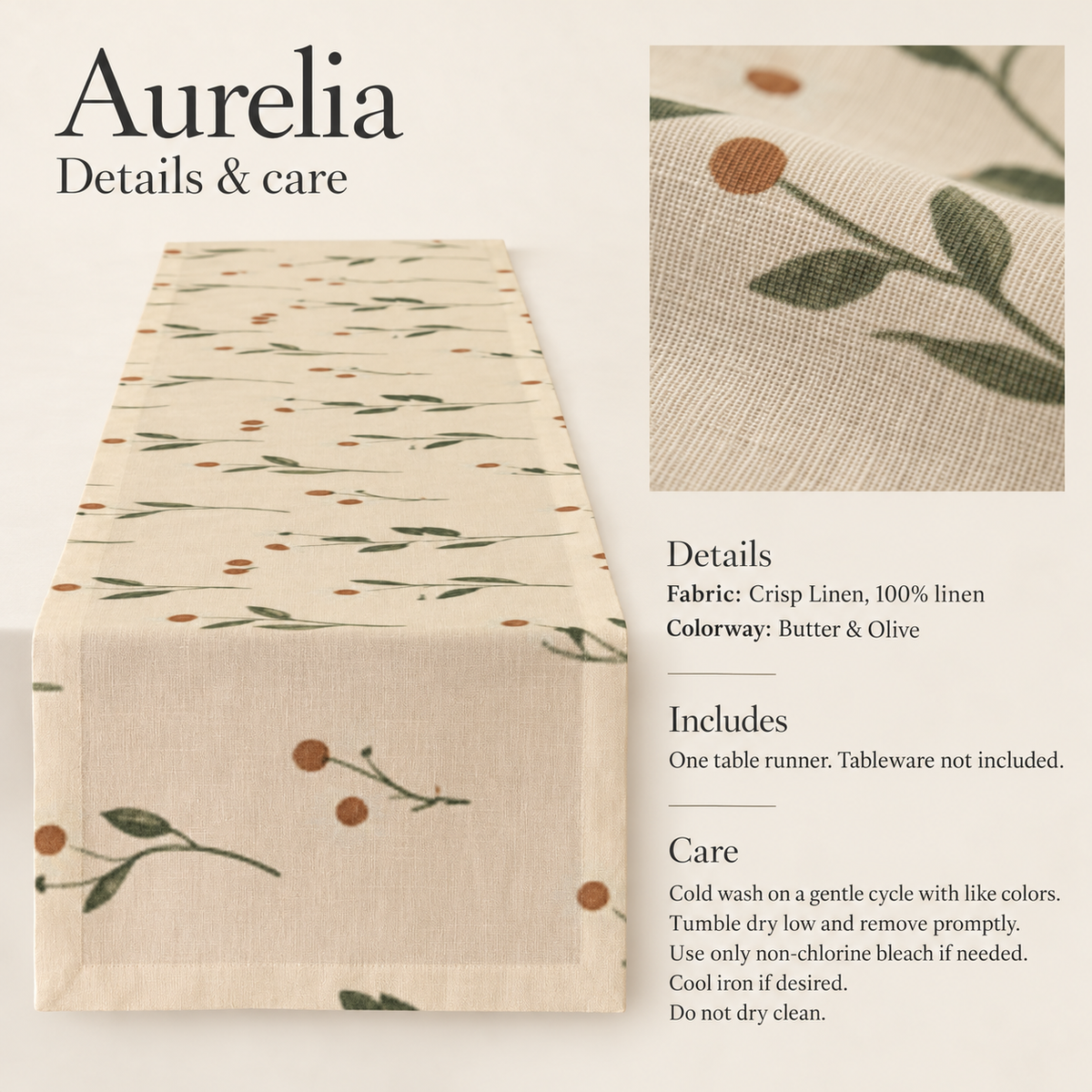 Aurelia Botanical Linen Table Runner — Butter & Olive; verified details and care guide.