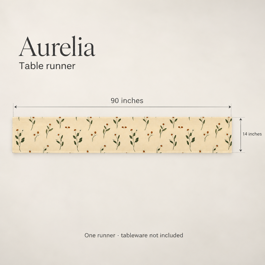 Aurelia Botanical Linen Table Runner — Butter & Olive; dimension diagram and inclusions.