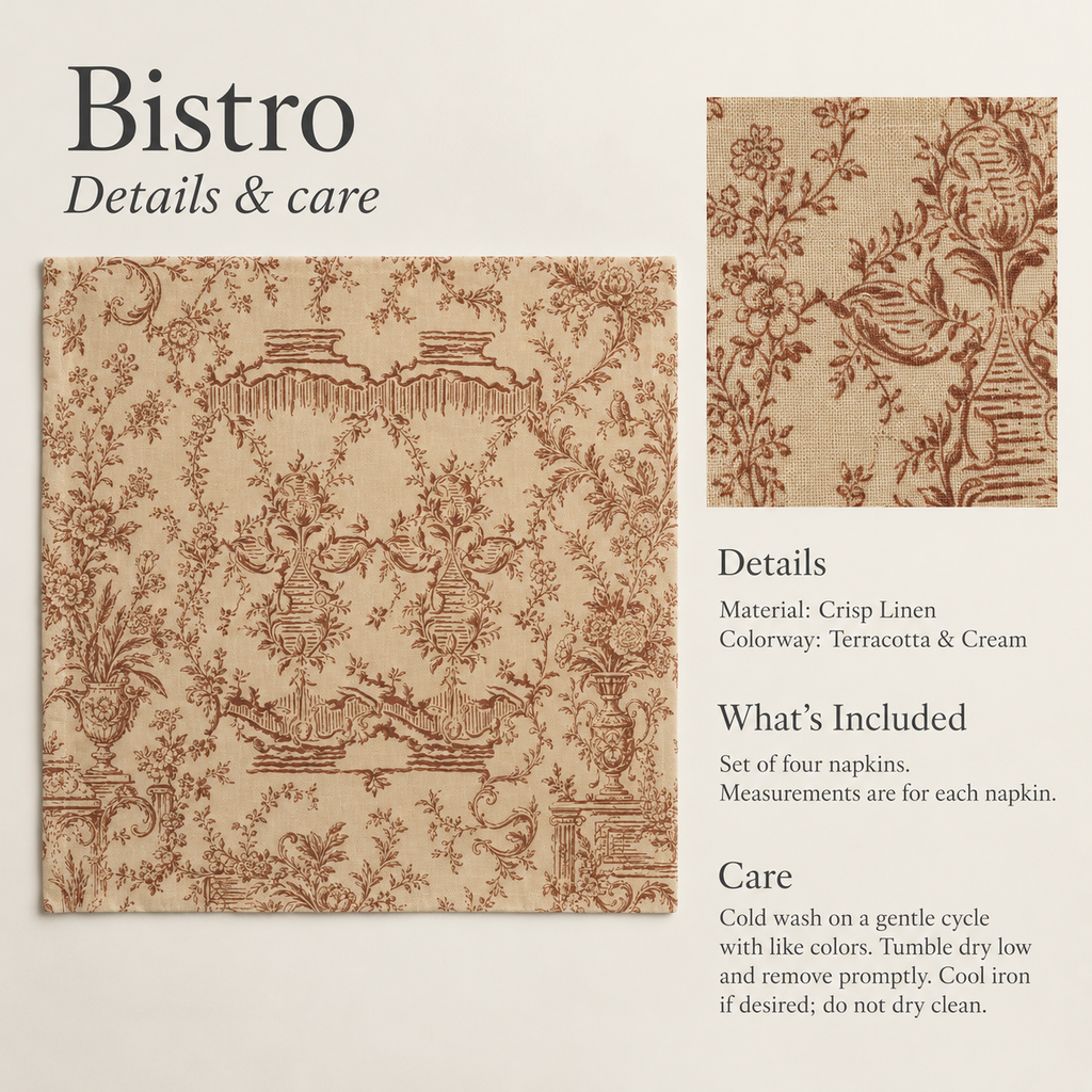 Bistro Scenic Linen Dinner Napkins — Terracotta & Cream; verified details and care guide.