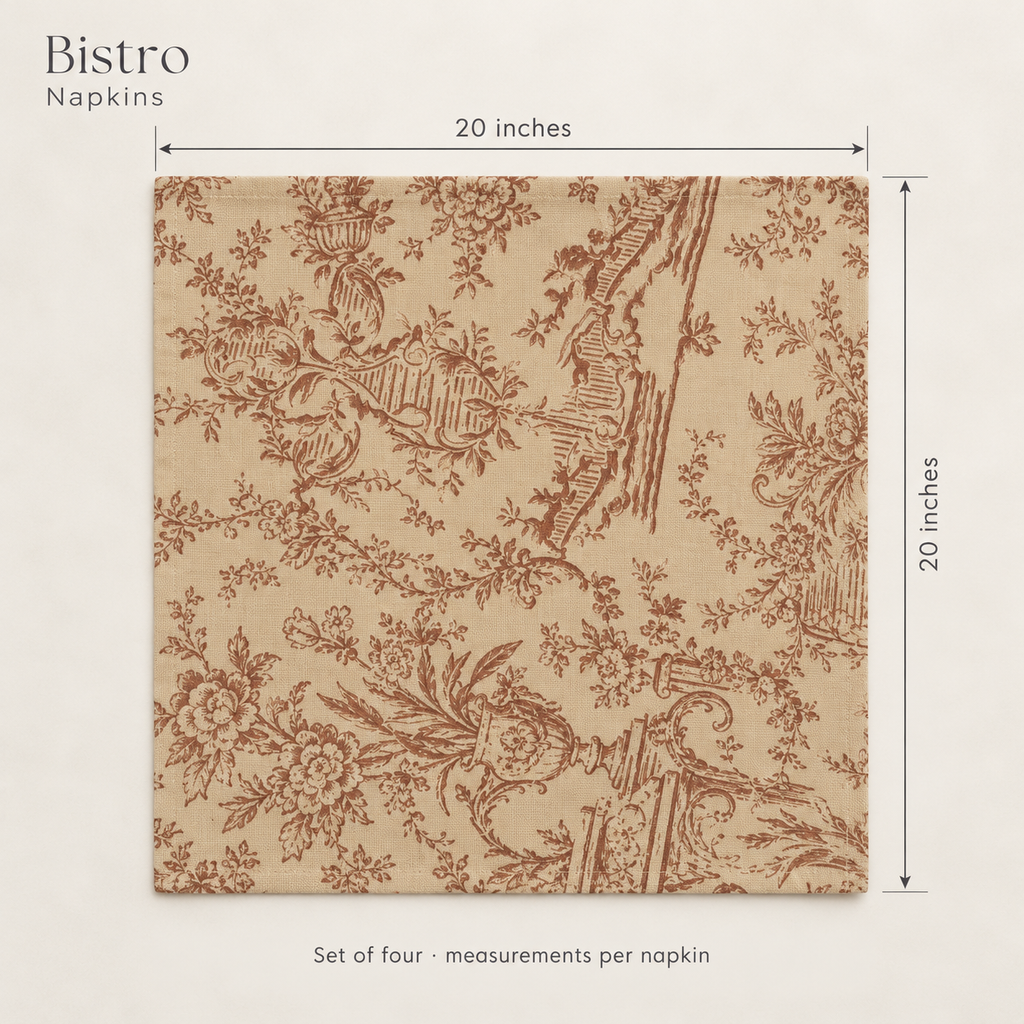 Bistro Scenic Linen Dinner Napkins — Terracotta & Cream; dimension diagram and inclusions.