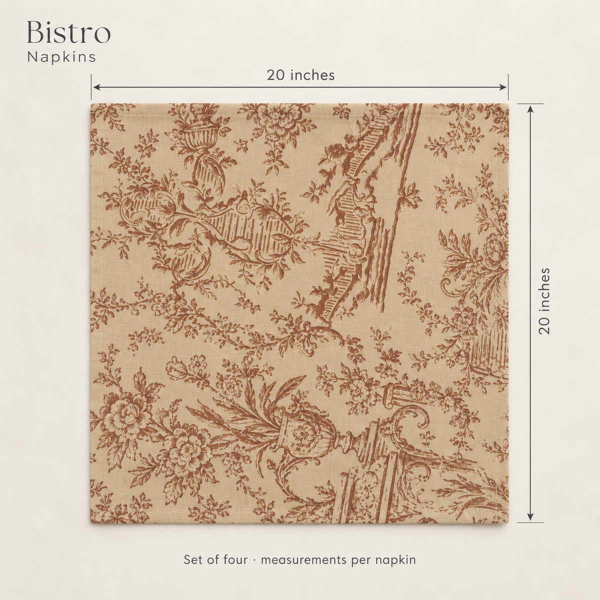 Bistro Scenic Linen Dinner Napkins — Terracotta & Cream; dimension diagram and inclusions.