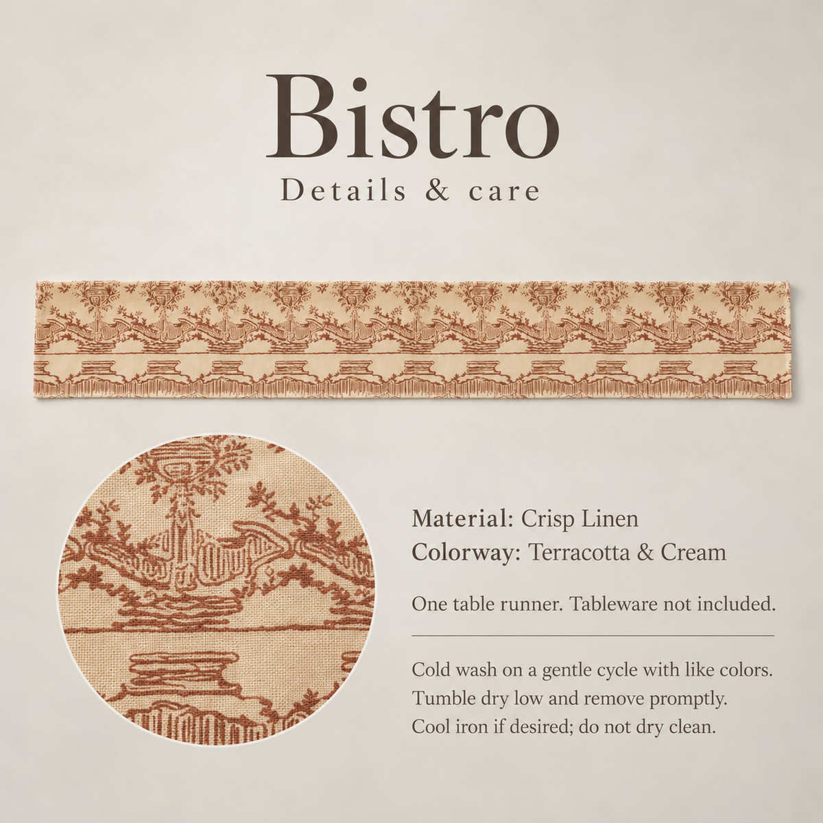 Bistro Scenic Linen Table Runner — Terracotta & Cream; verified details and care guide.