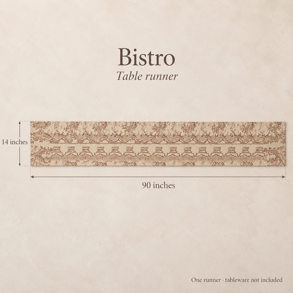 Bistro Scenic Linen Table Runner — Terracotta & Cream; dimension diagram and inclusions.