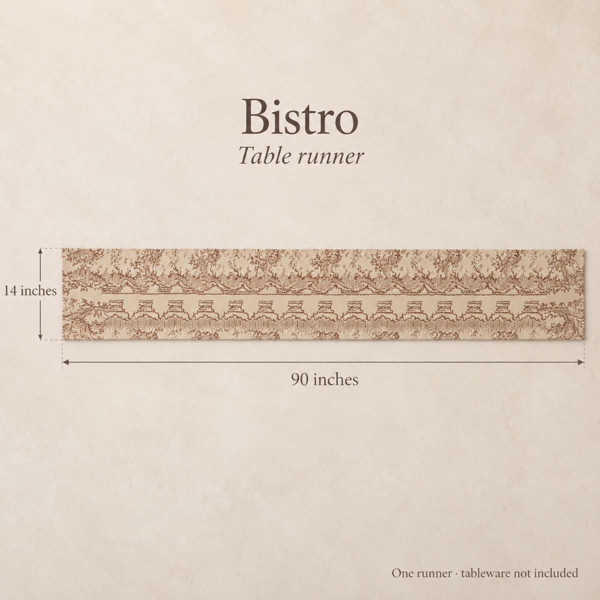 Bistro Scenic Linen Table Runner — Terracotta & Cream; dimension diagram and inclusions.
