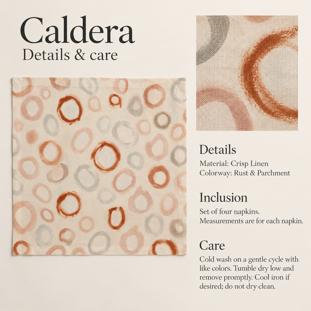 Caldera Abstract Linen Dinner Napkins — Rust & Parchment; verified details and care guide.