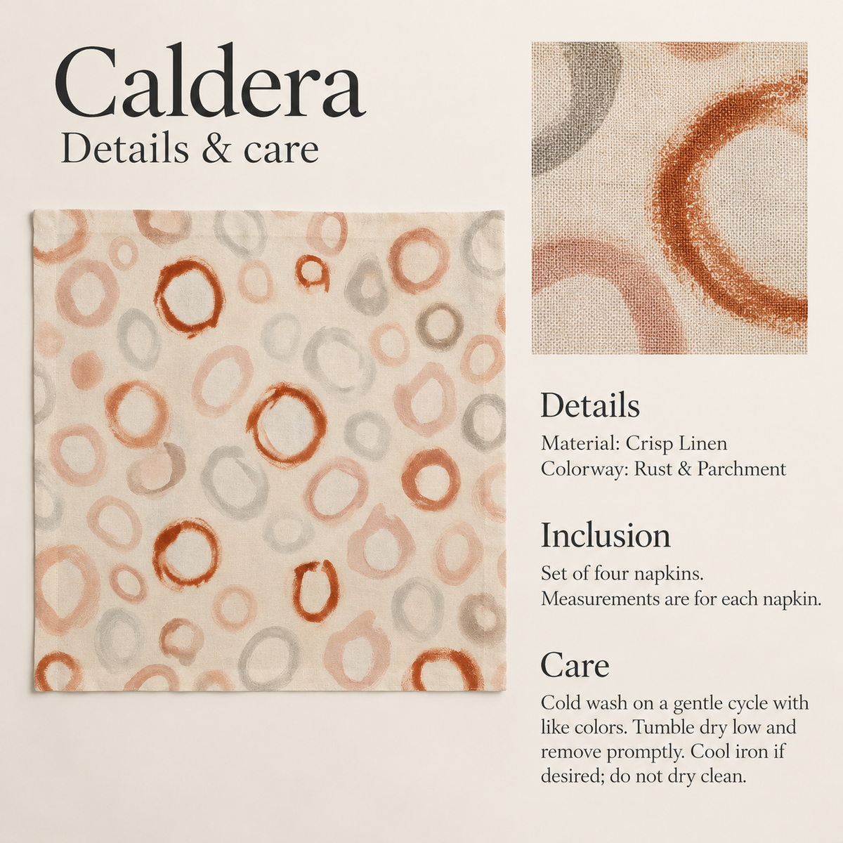 Caldera Abstract Linen Dinner Napkins — Rust & Parchment; verified details and care guide.