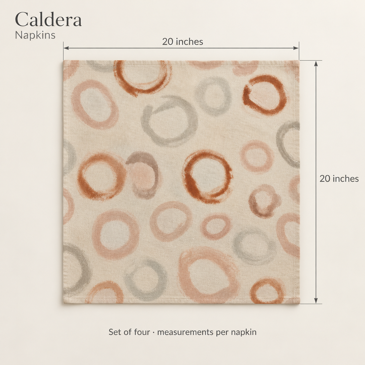Caldera Abstract Linen Dinner Napkins — Rust & Parchment; dimension diagram and inclusions.