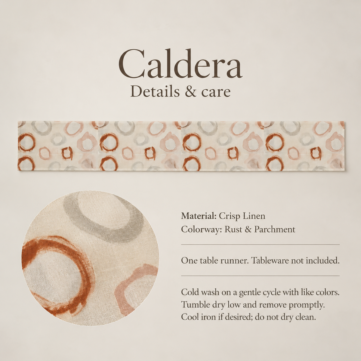 Caldera Abstract Linen Table Runner — Rust & Parchment; verified details and care guide.