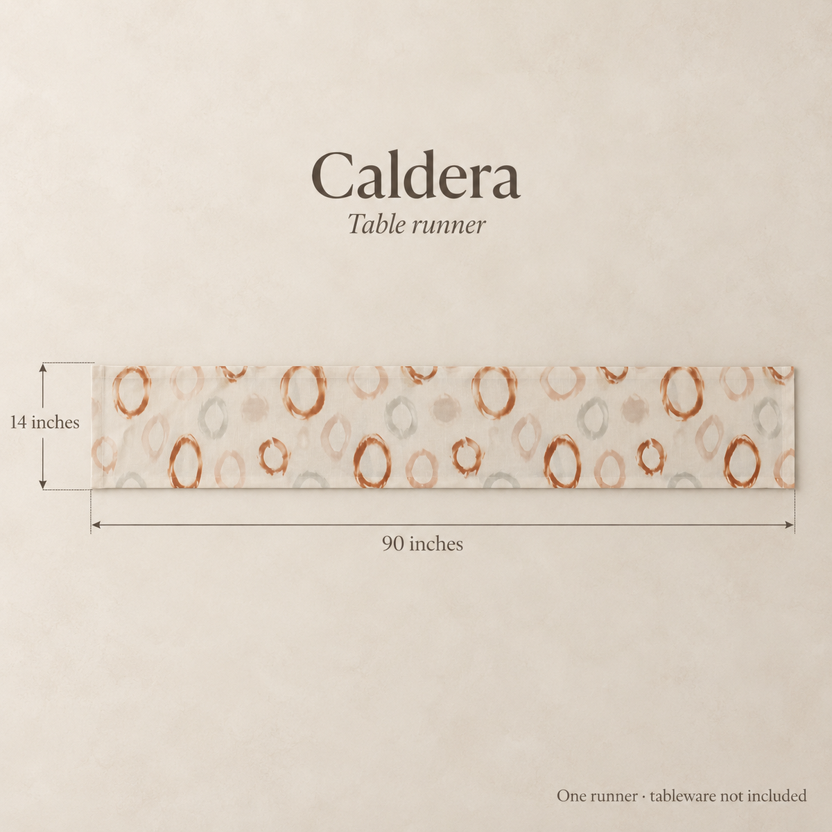 Caldera Abstract Linen Table Runner — Rust & Parchment; dimension diagram and inclusions.