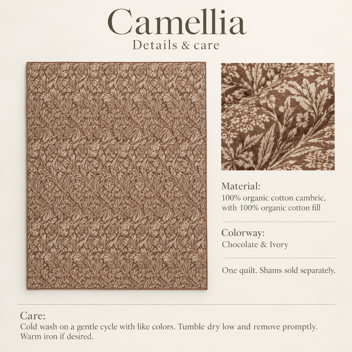 Camellia Floral Organic Cotton Quilt — Chocolate & Ivory; verified details and care guide.