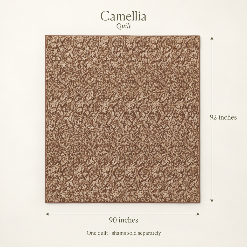 Camellia Floral Organic Cotton Quilt — Chocolate & Ivory; dimension diagram and inclusions.