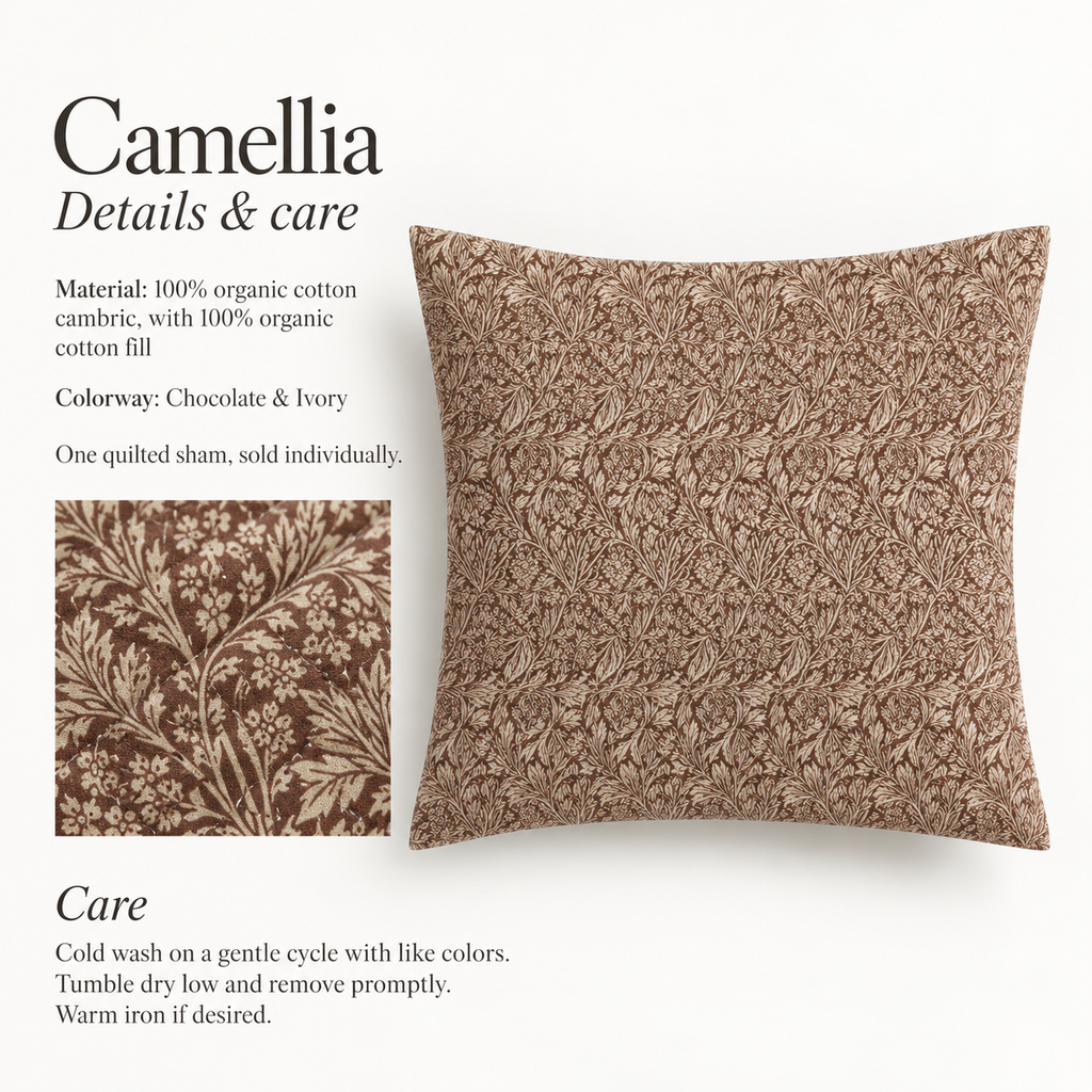 Camellia Floral Organic Cotton Euro Sham — Chocolate & Ivory; verified details and care guide.