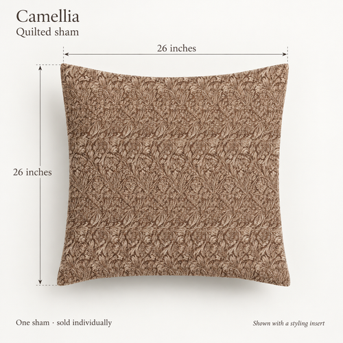 Camellia Floral Organic Cotton Euro Sham — Chocolate & Ivory; dimension diagram and inclusions.