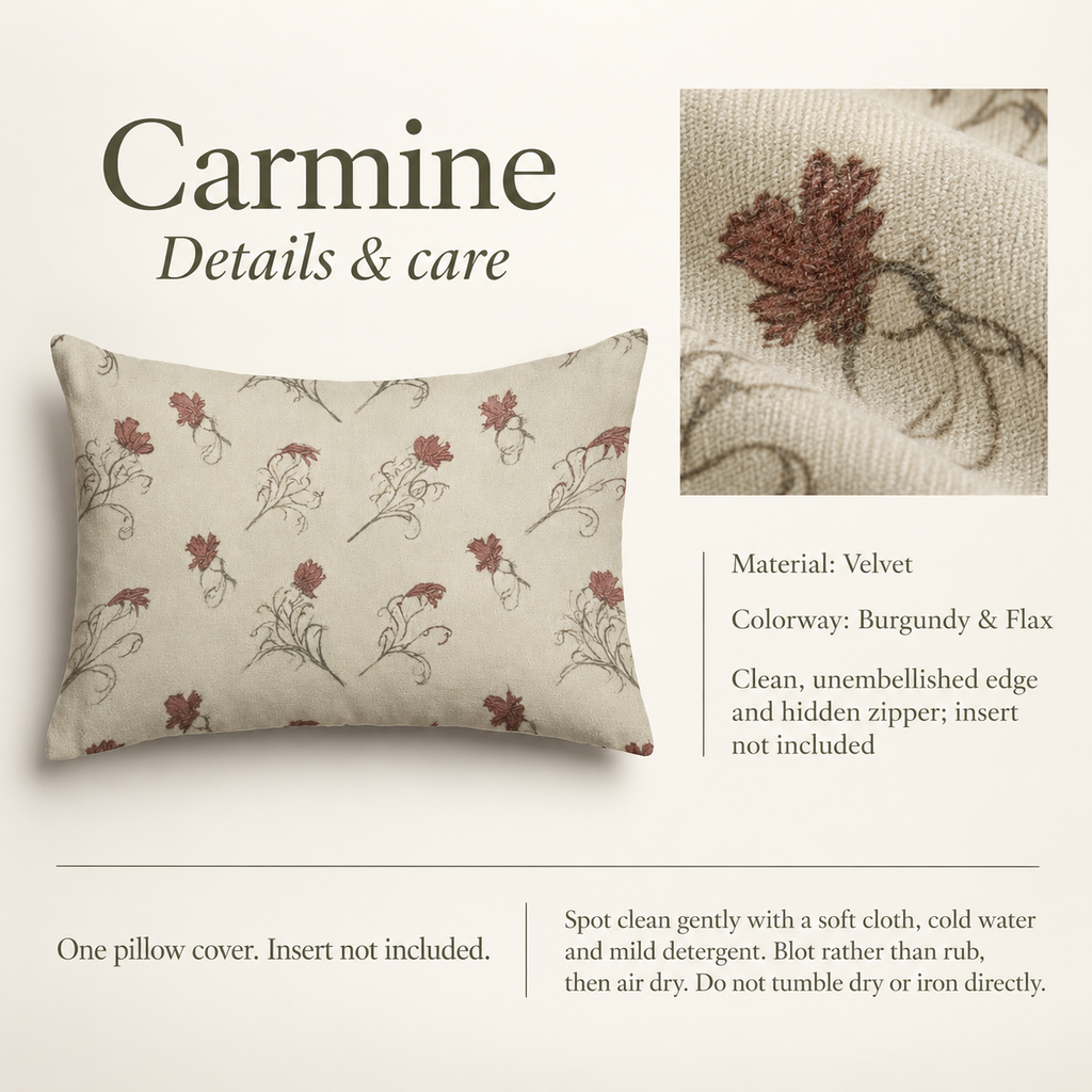 Carmine Floral Velvet Lumbar Pillow Cover — Burgundy & Flax; verified details and care guide.
