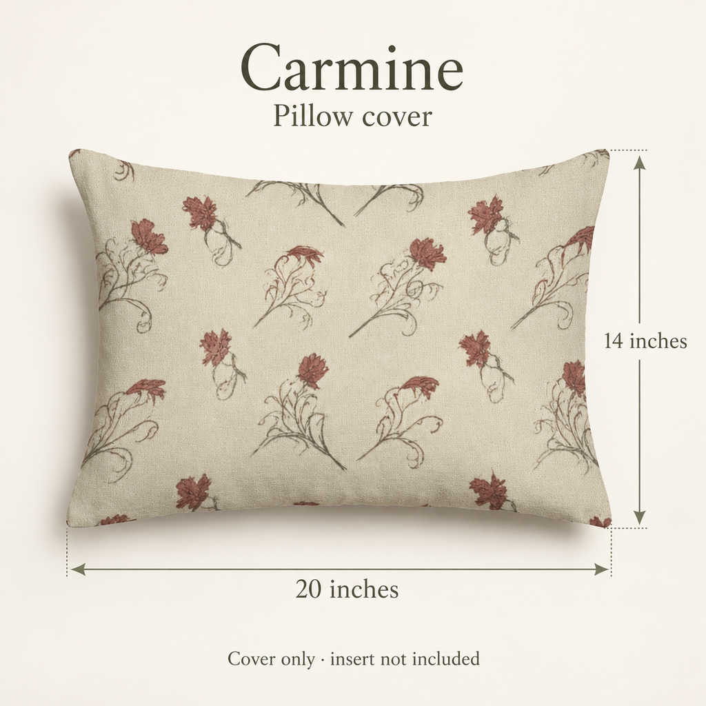 Carmine Floral Velvet Lumbar Pillow Cover — Burgundy & Flax; dimension diagram and inclusions.