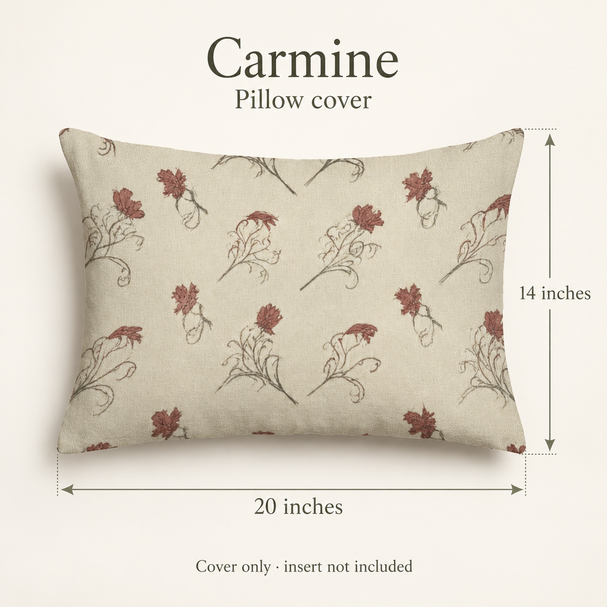 Carmine Floral Velvet Lumbar Pillow Cover — Burgundy & Flax; dimension diagram and inclusions.