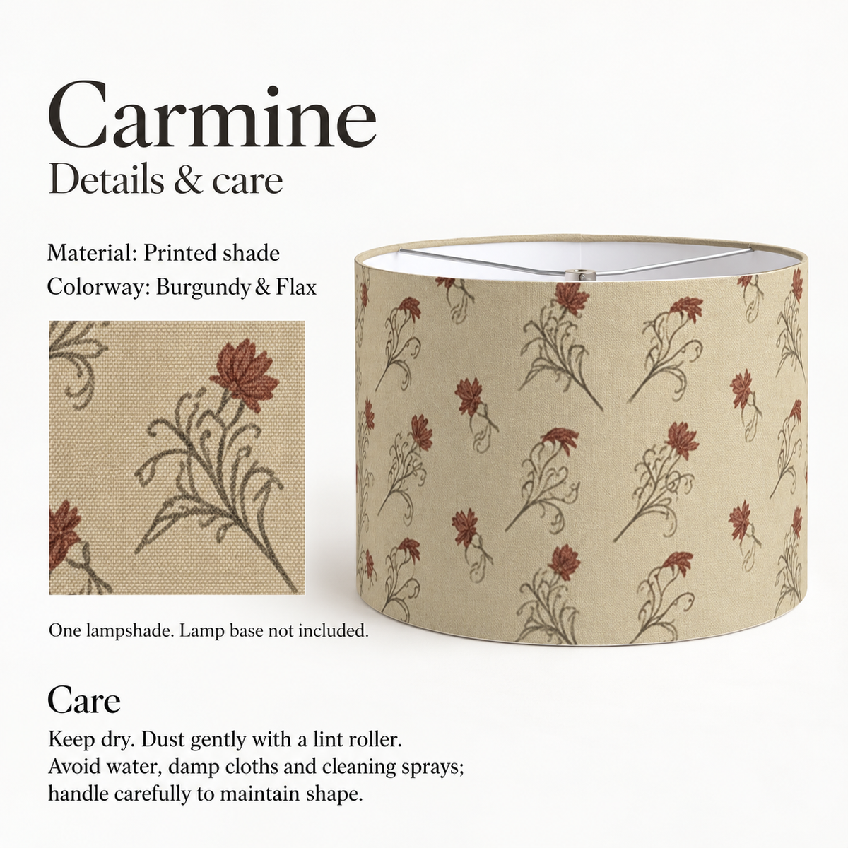 Carmine Floral Drum Lampshade — Burgundy & Flax; verified details and care guide.