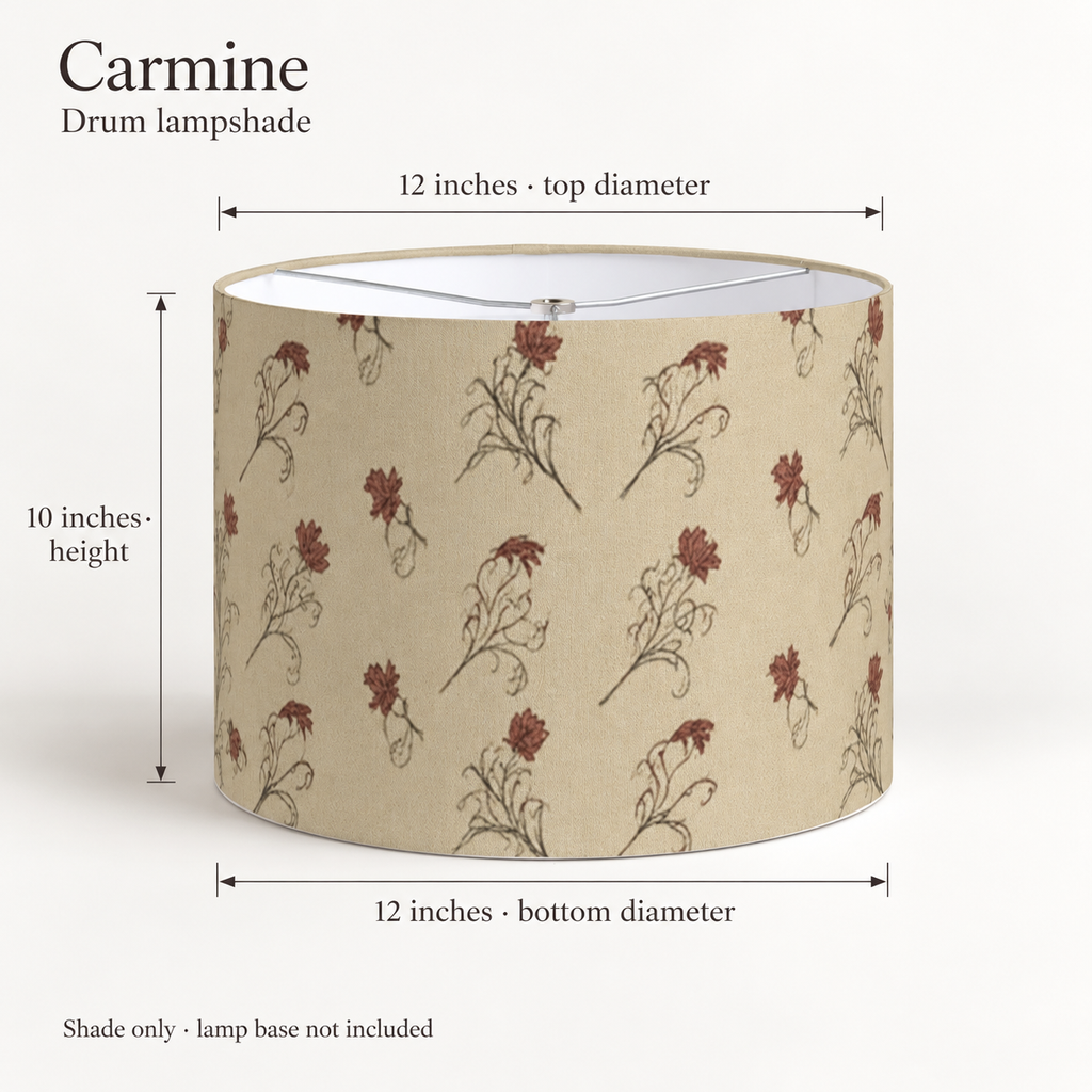 Carmine Floral Drum Lampshade — Burgundy & Flax; dimension diagram and inclusions.
