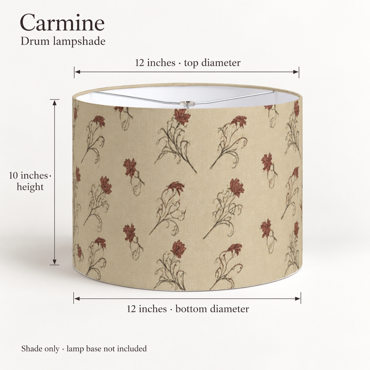 Carmine Floral Drum Lampshade — Burgundy & Flax; dimension diagram and inclusions.