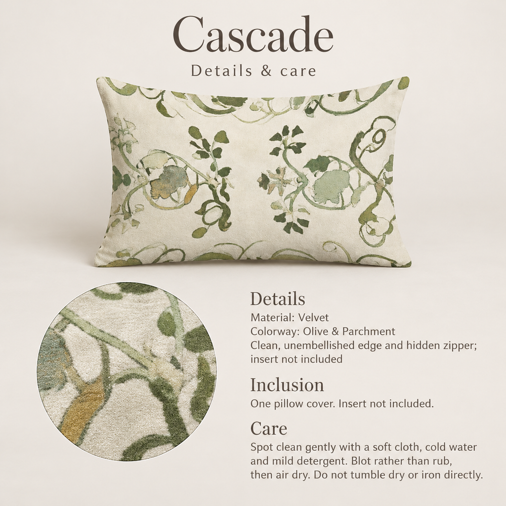 Cascade Botanical Velvet Lumbar Pillow Cover — Olive & Parchment; verified details and care guide.