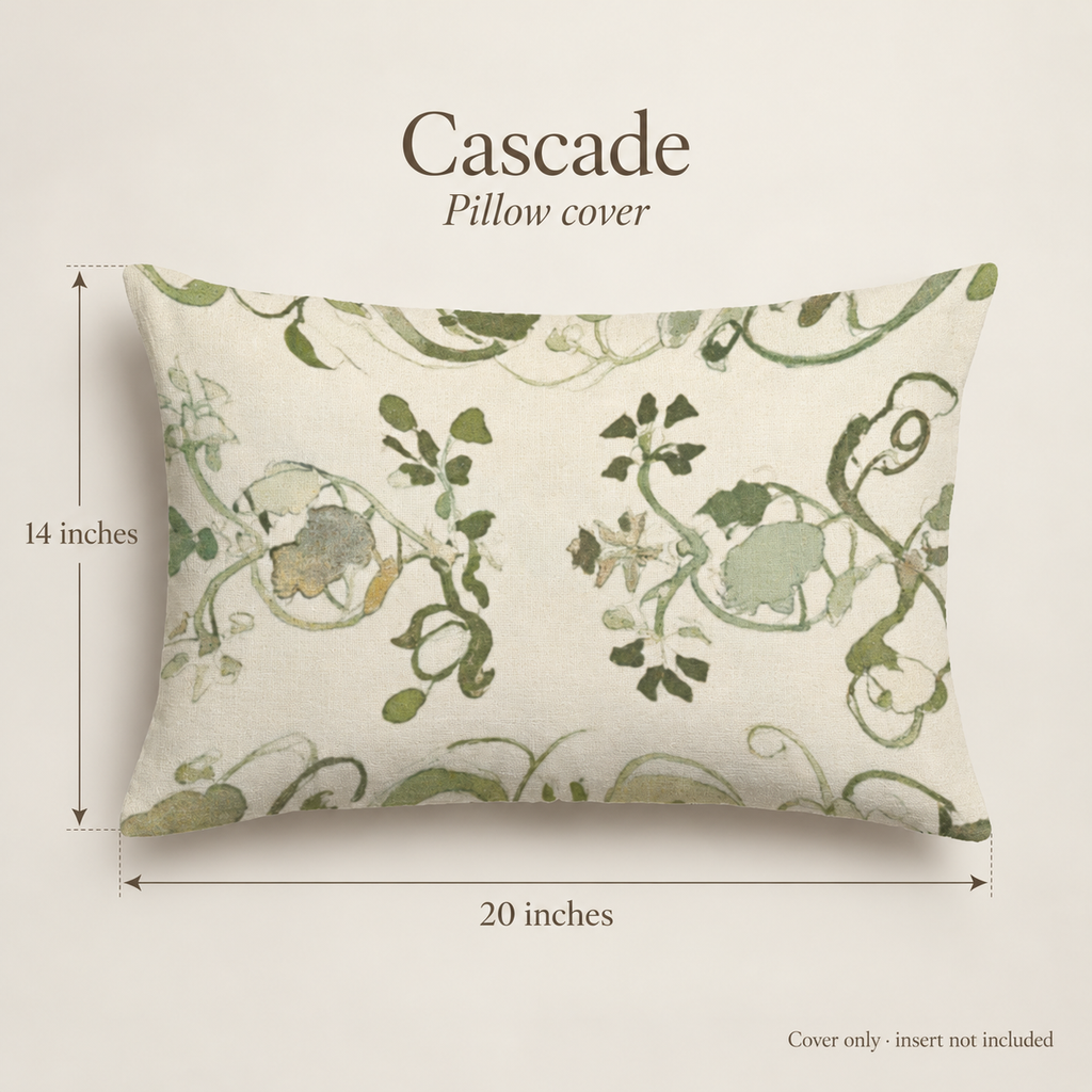 Cascade Botanical Velvet Lumbar Pillow Cover — Olive & Parchment; dimension diagram and inclusions.