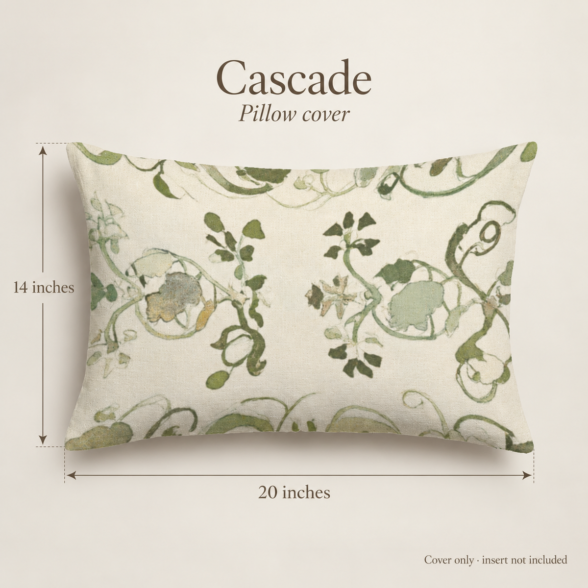 Cascade Botanical Velvet Lumbar Pillow Cover — Olive & Parchment; dimension diagram and inclusions.