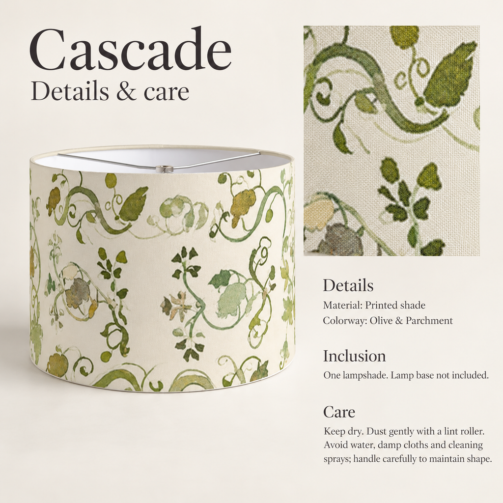 Cascade Botanical Drum Lampshade — Olive & Parchment; verified details and care guide.