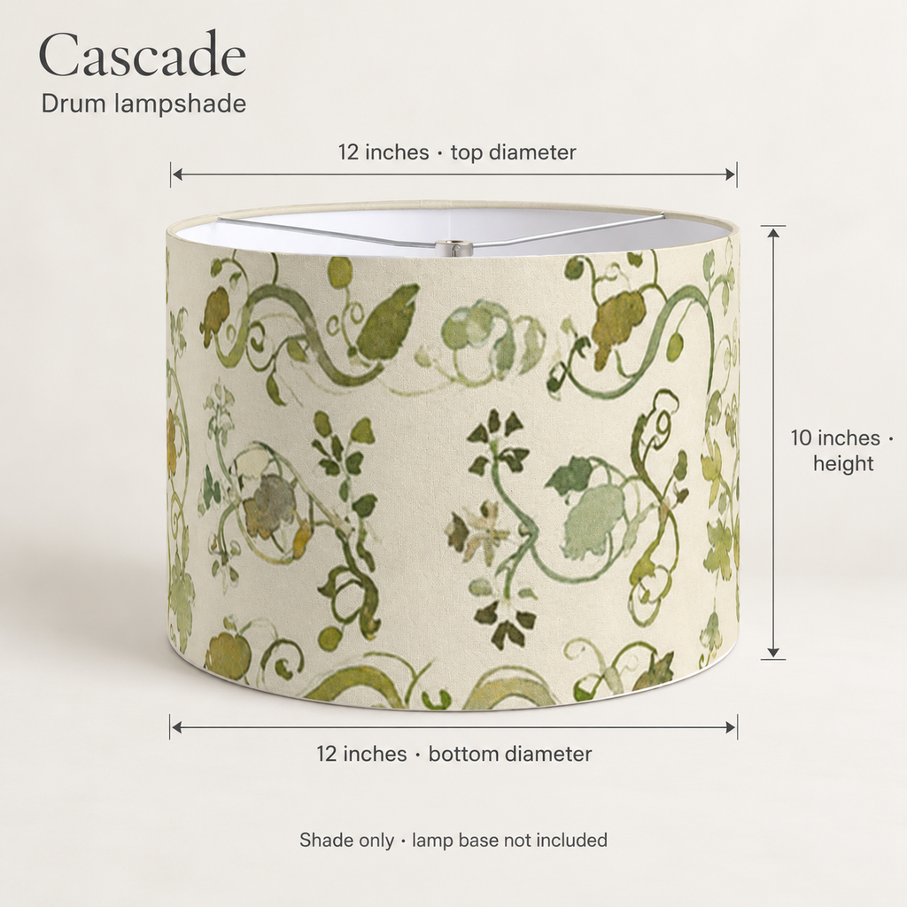 Cascade Botanical Drum Lampshade — Olive & Parchment; dimension diagram and inclusions.