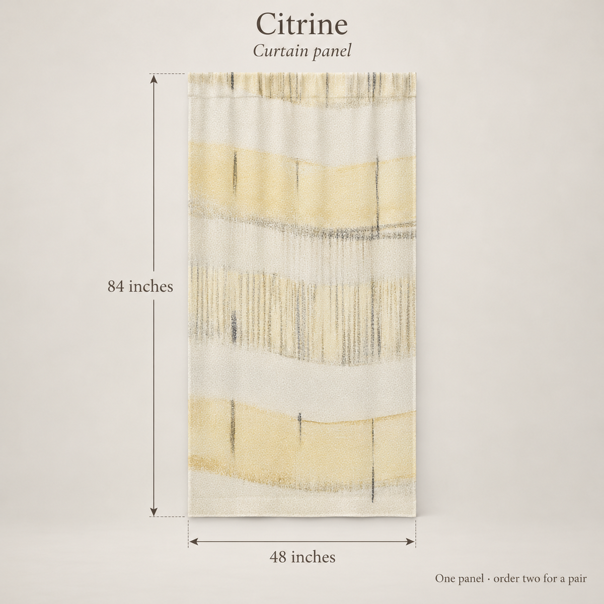 Citrine Stripe Everyday Cotton Curtain Panel — Butter & Graphite; dimension diagram and inclusions.