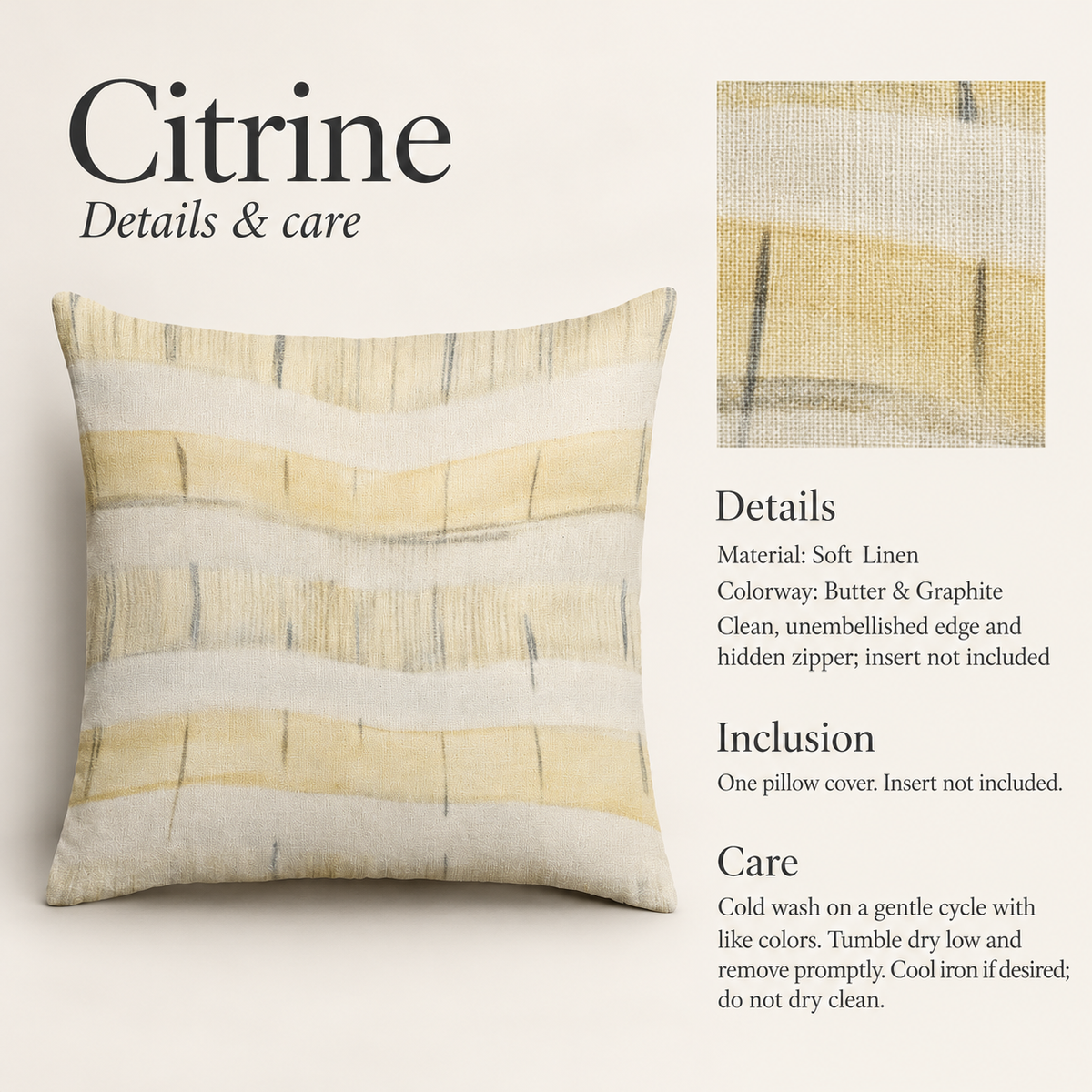 Citrine Stripe Soft Linen Pillow Cover — Butter & Graphite; verified details and care guide.