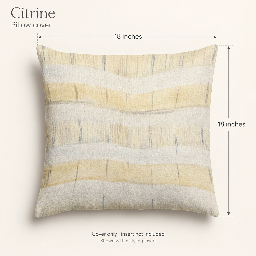Citrine Stripe Soft Linen Pillow Cover — Butter & Graphite; dimension diagram and inclusions.