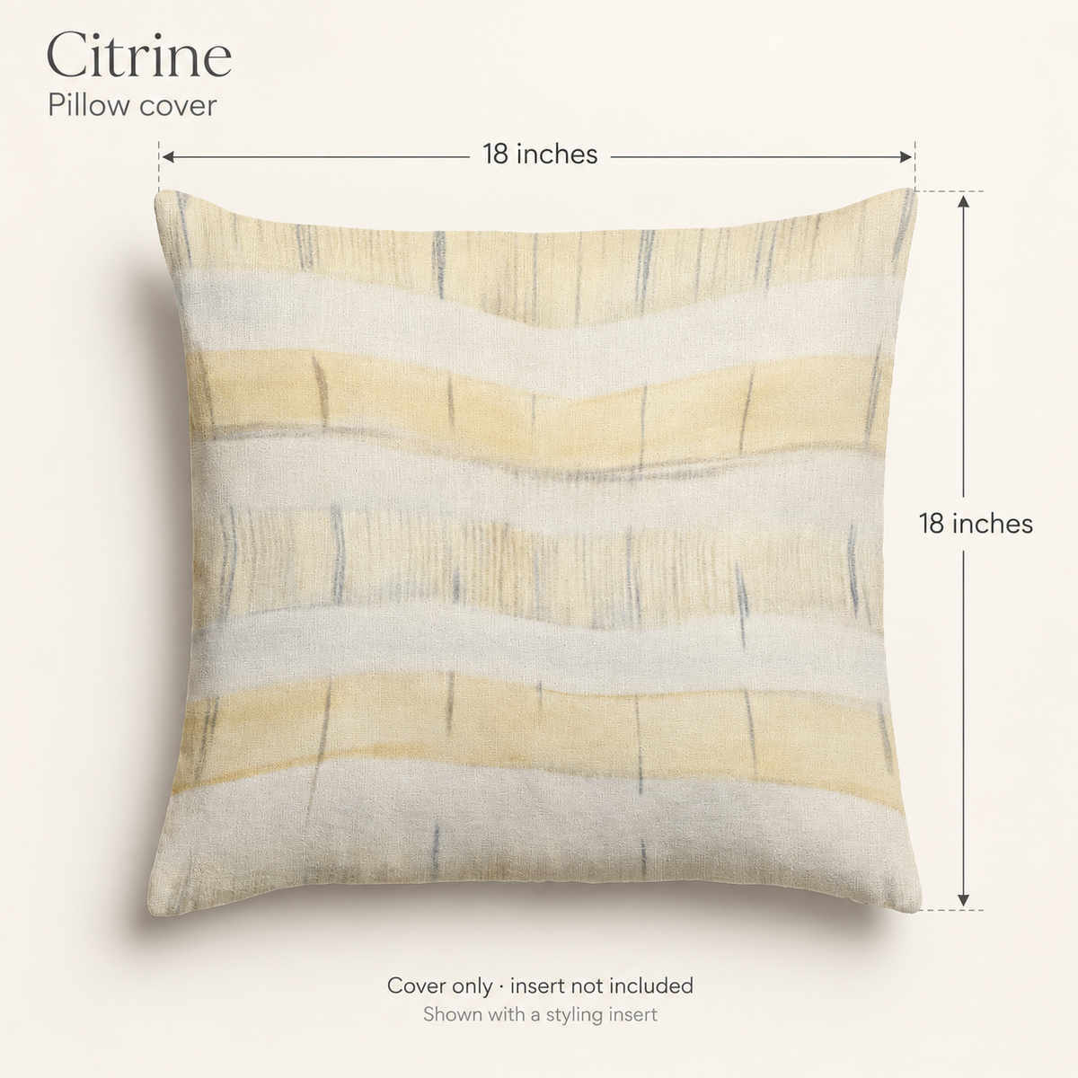 Citrine Stripe Soft Linen Pillow Cover — Butter & Graphite; dimension diagram and inclusions.