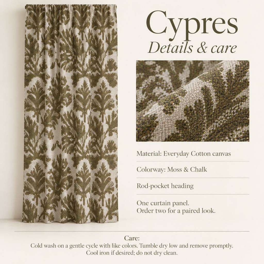 Cypres Botanical Everyday Cotton Curtain Panel — Moss & Chalk; verified details and care guide.