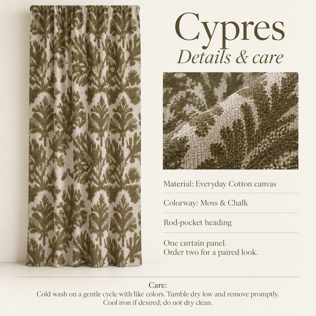 Cypres Botanical Everyday Cotton Curtain Panel — Moss & Chalk; verified details and care guide.