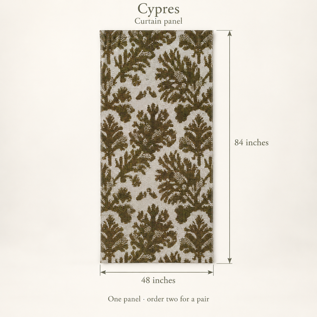 Cypres Botanical Everyday Cotton Curtain Panel — Moss & Chalk; dimension diagram and inclusions.