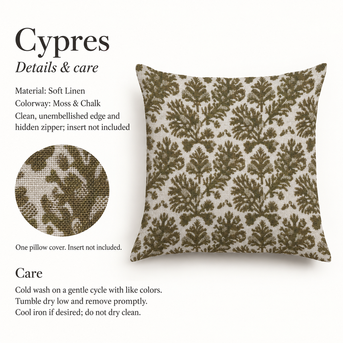 Cypres Botanical Soft Linen Pillow Cover — Moss & Chalk; verified details and care guide.
