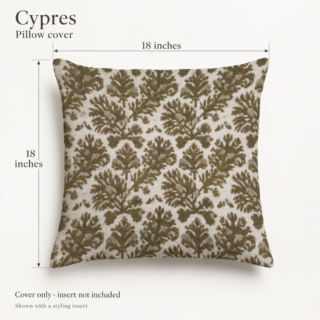 Cypres Botanical Soft Linen Pillow Cover — Moss & Chalk; dimension diagram and inclusions.
