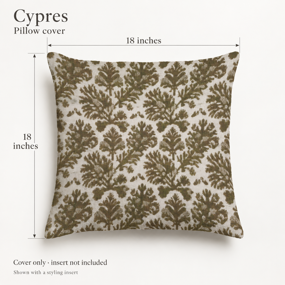 Cypres Botanical Soft Linen Pillow Cover — Moss & Chalk; dimension diagram and inclusions.