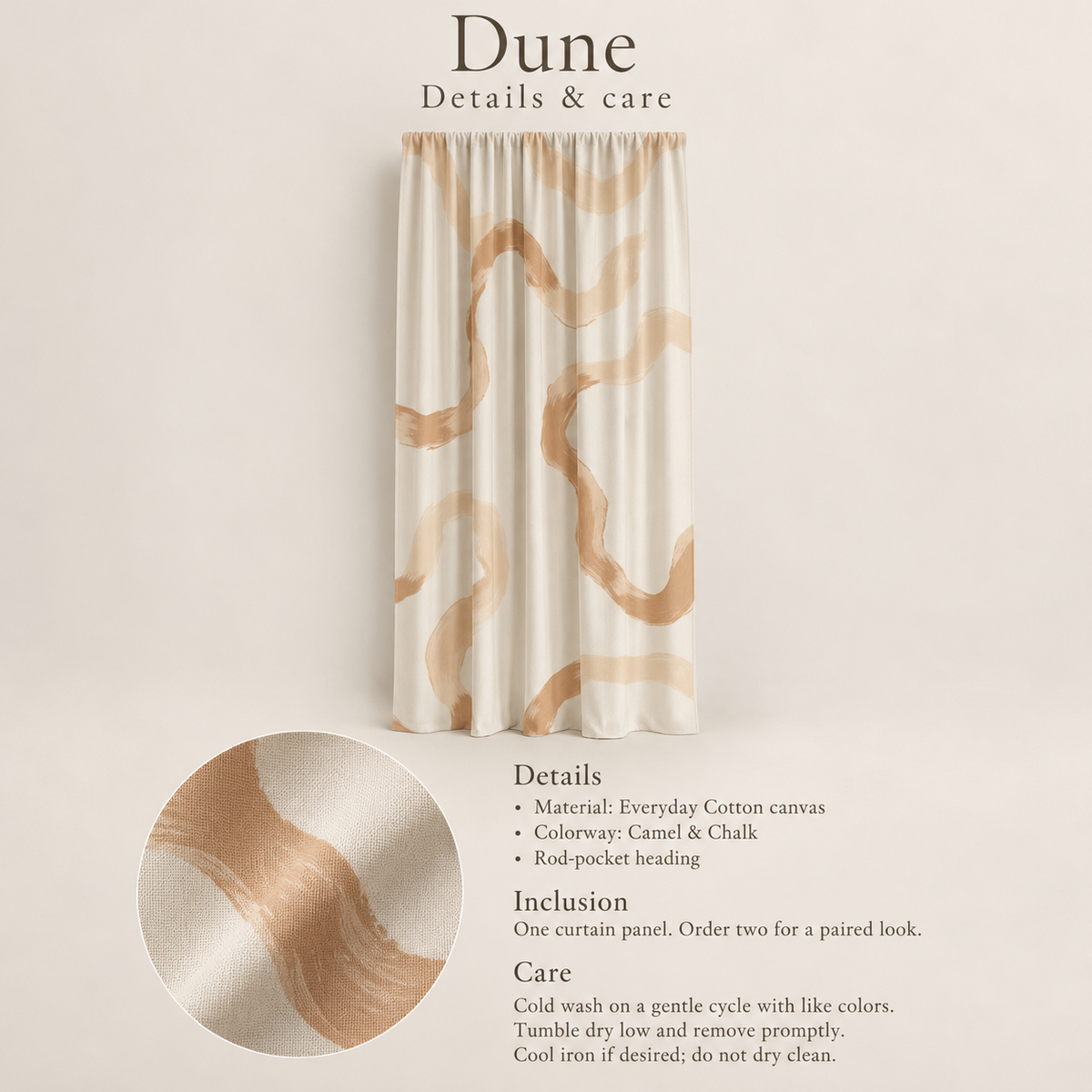 Dune Abstract Everyday Cotton Curtain Panel — Camel & Chalk; verified details and care guide.