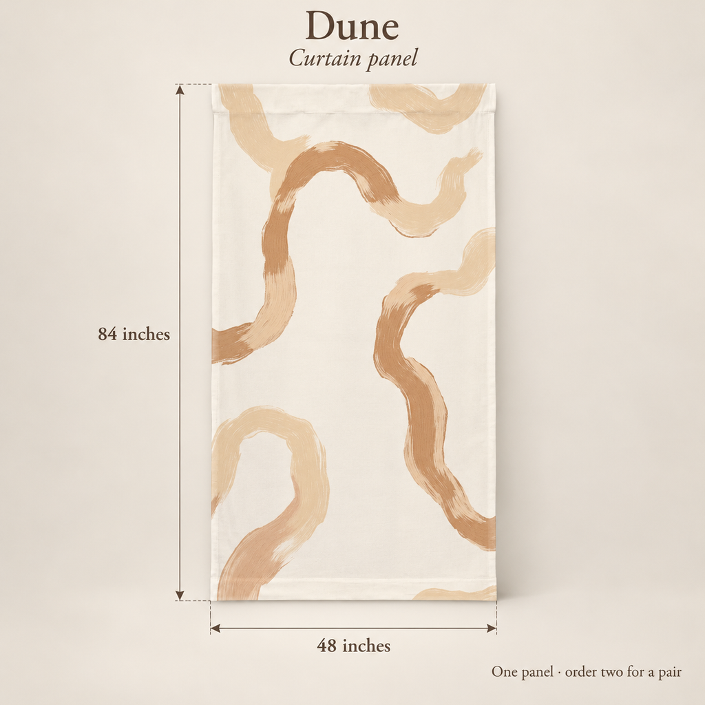Dune Abstract Everyday Cotton Curtain Panel — Camel & Chalk; dimension diagram and inclusions.