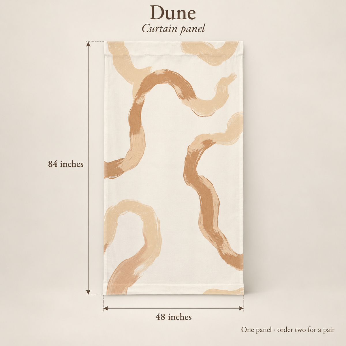 Dune Abstract Everyday Cotton Curtain Panel — Camel & Chalk; dimension diagram and inclusions.