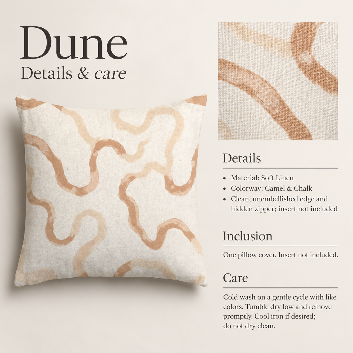 Dune Abstract Soft Linen Pillow Cover — Camel & Chalk; verified details and care guide.