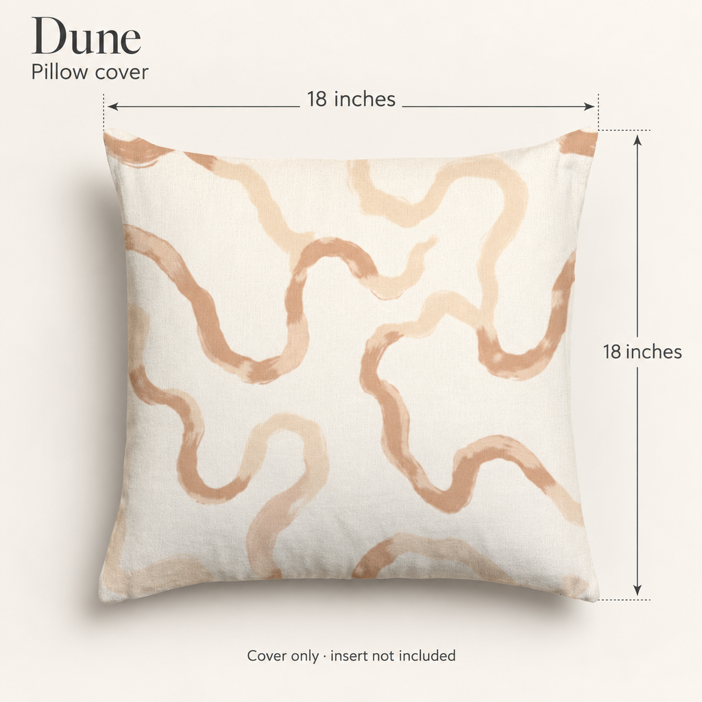 Dune Abstract Soft Linen Pillow Cover — Camel & Chalk; dimension diagram and inclusions.