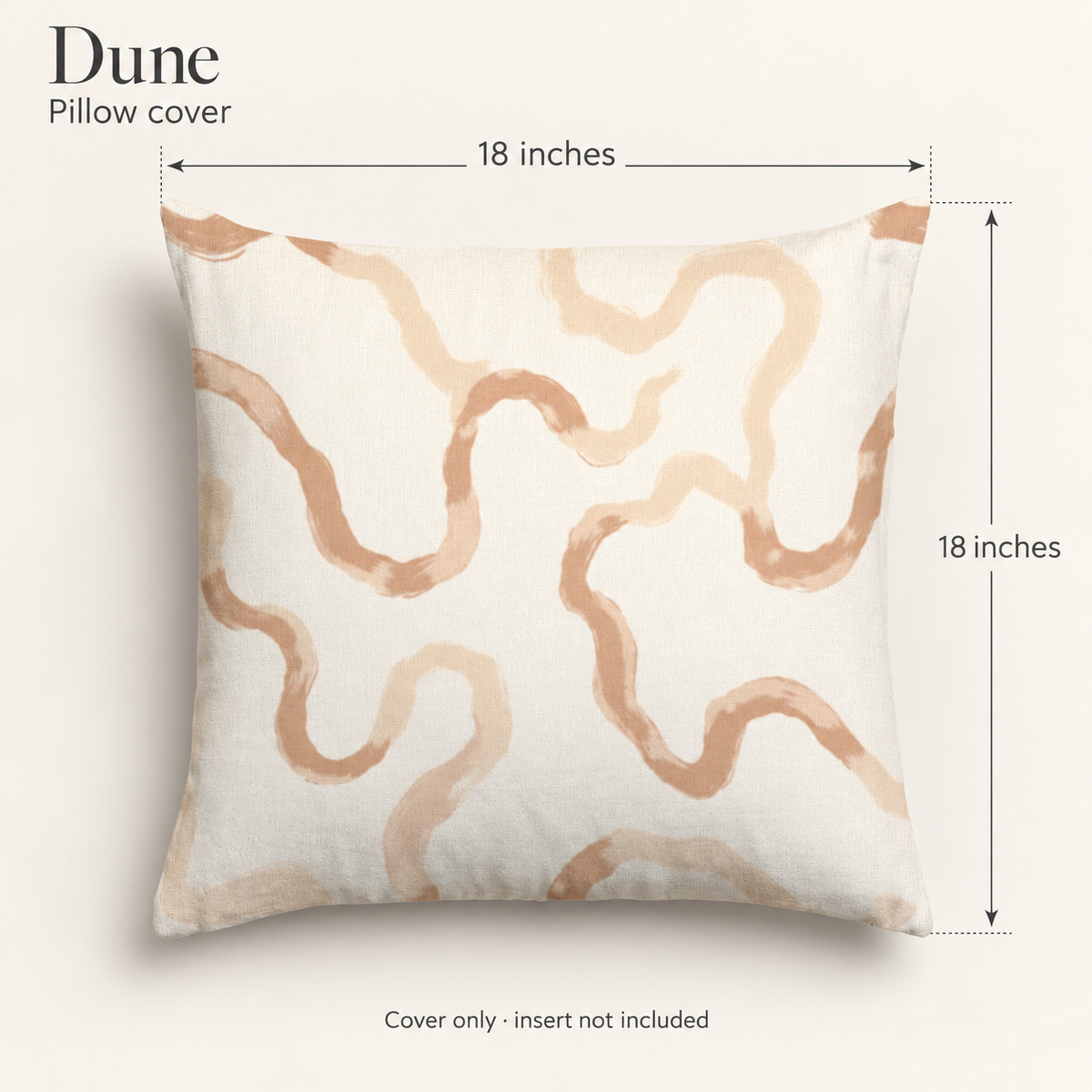 Dune Abstract Soft Linen Pillow Cover — Camel & Chalk; dimension diagram and inclusions.