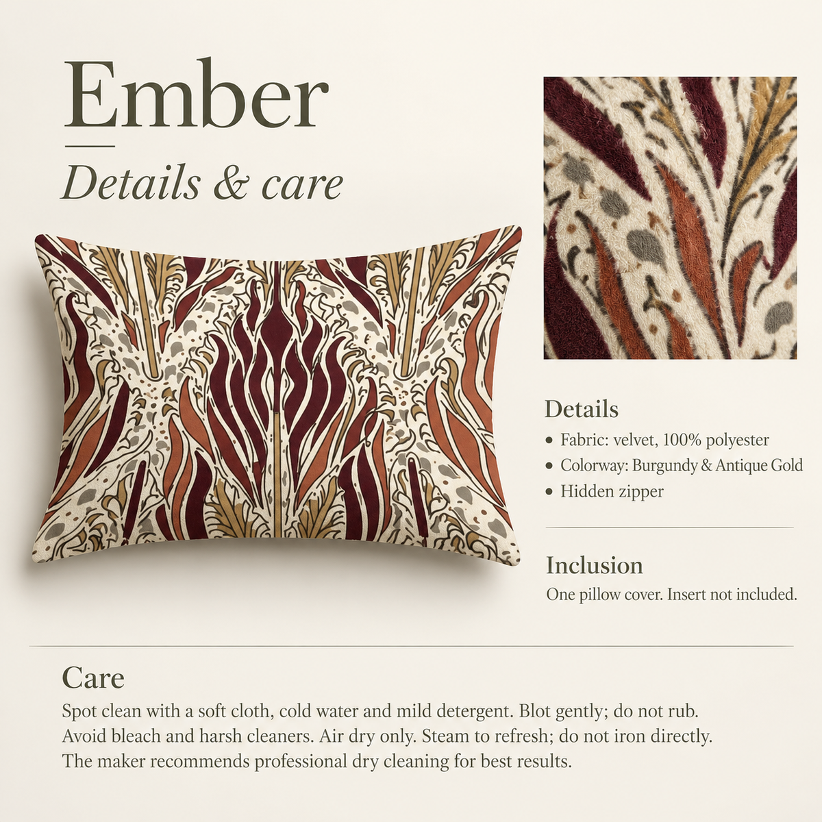 Ember Flame Velvet Lumbar Cover — Burgundy & Antique Gold; verified details and care guide.