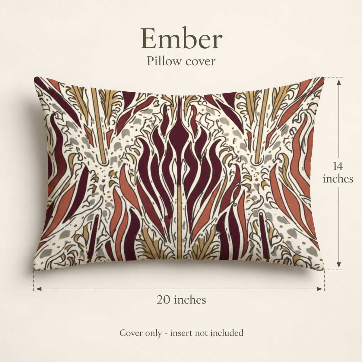 Ember Flame Velvet Lumbar Cover — Burgundy & Antique Gold; dimension diagram and inclusions.
