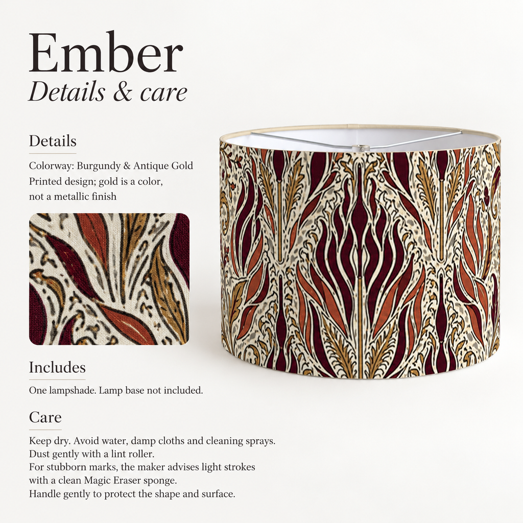 Ember Flame Drum Lampshade — Burgundy & Antique Gold; verified details and care guide.