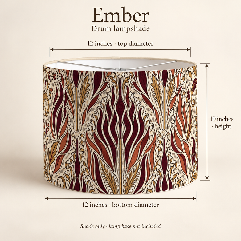 Ember Flame Drum Lampshade — Burgundy & Antique Gold; dimension diagram and inclusions.